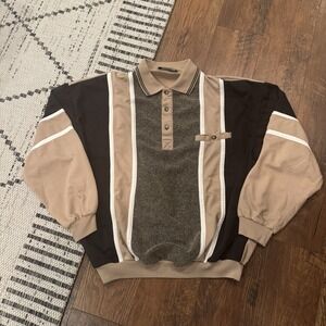 Vintage LD Sport Pullover Shirt Men's Large Tan Long Sleeve Striped Collared 90s